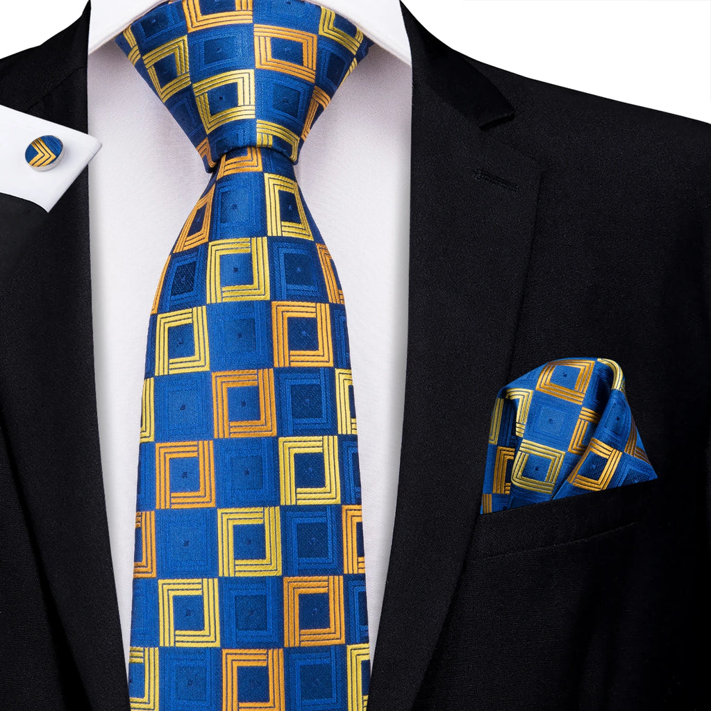 Hi-tie Yellow Blue Plaid Men's Tie Luxury Large Necktie Men Fashion Qme