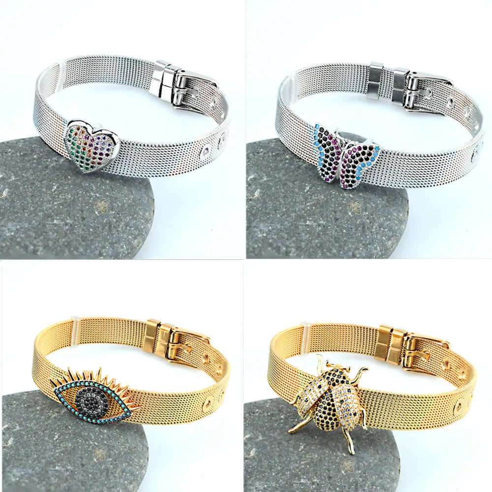 Simple fashion love palm evil eye stainless steel strap bracelet inlaid with colored diamonds zircon men and women jewelry gifts Qme