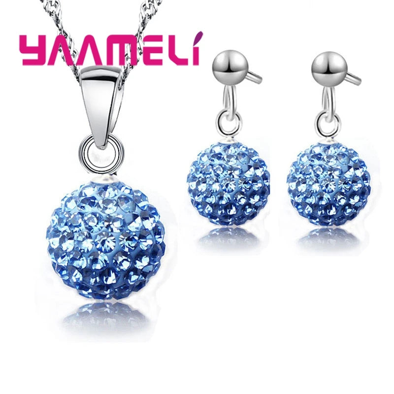925 Sterling Silver Stamped Bridal Jewelry Sets Women Girls Wedding Gifts Austrian Crystal CZ Disco Ball Necklace Hoop Earrings Qme Blue 2