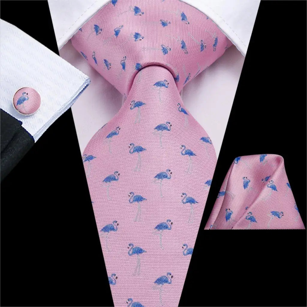 Hi-tie Designer Pink Blue Flamingo Print Silk Ties Men Handkerchief Qme 3305
