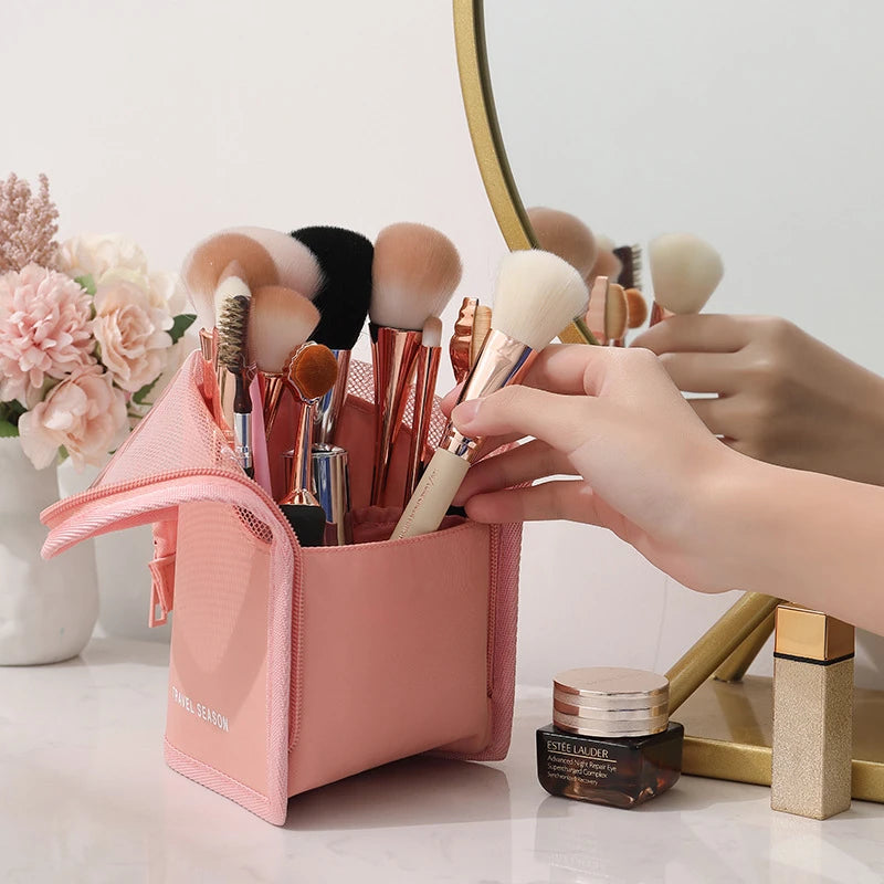 Stand Cosmetic Bag Women Clear Zipper Makeup Travel Female Brush Qme