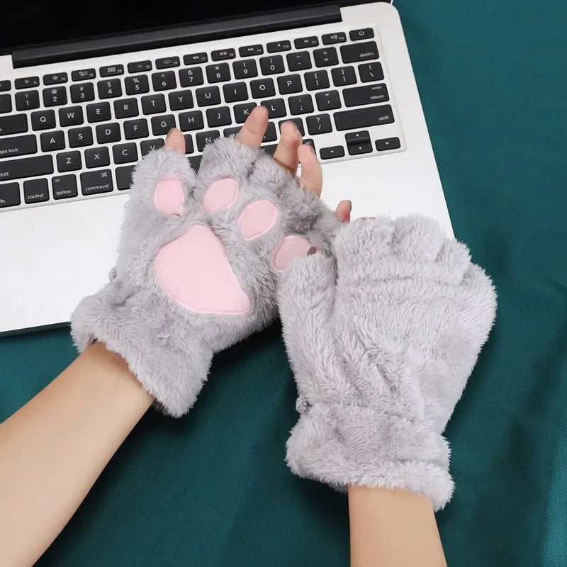 New Winter Gloves Women Bear Plush Cat Paw Claw Gloves Cute Kitten Fingerless Mittens Christmas Halloween for Girls Gift Gloves Qme GRAY One Size
