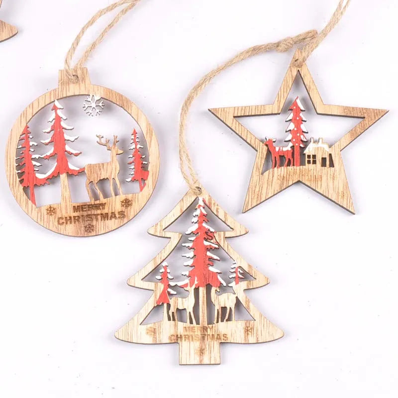 3Pcs Tree/star Pattern Christmas Red Green Wooden Ornaments Decor For Home Xmas Tree Hanging Pendants Wood Slices Crafts c2353 Qme