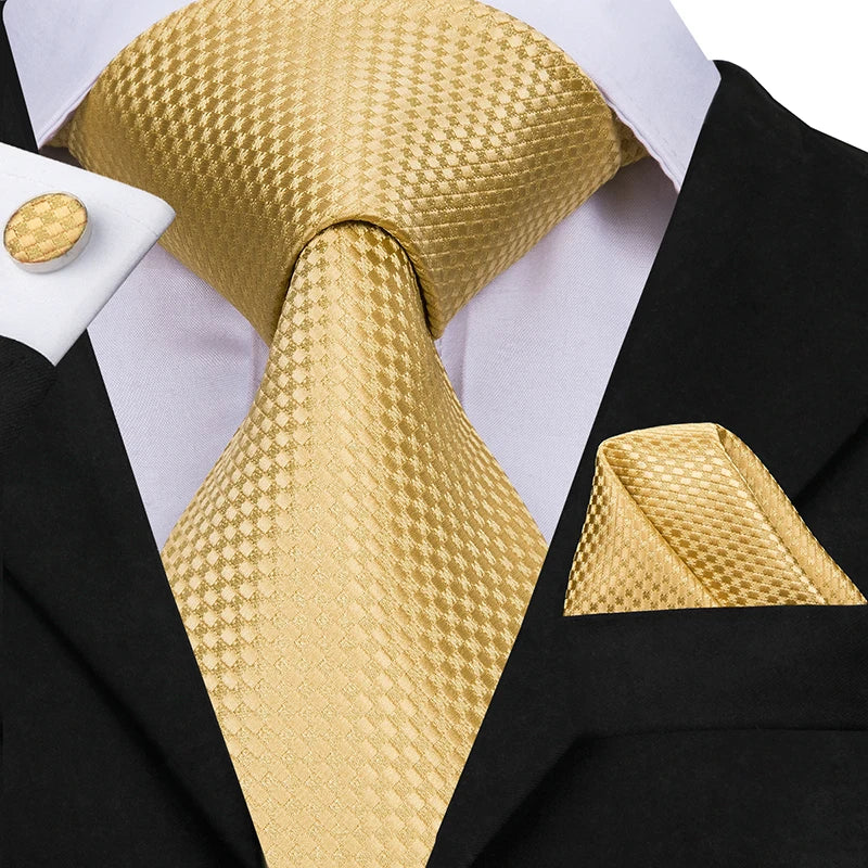 Solid Gold Yellow Ties Men Handky Cufflinks Fashion Men's Tie Wedding Qme