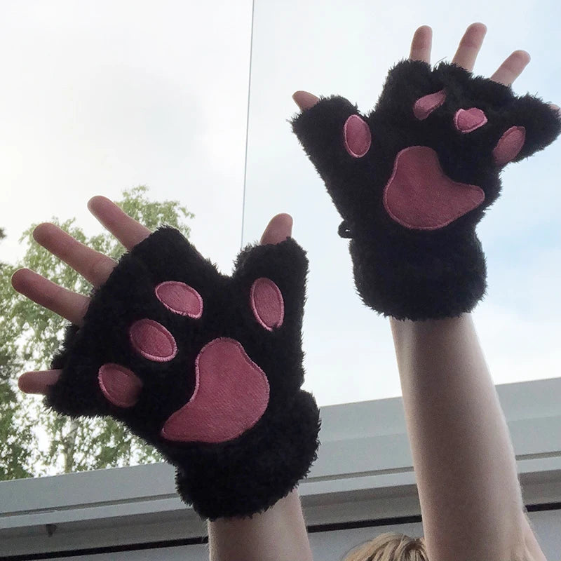New Winter Gloves Women Bear Plush Cat Paw Claw Gloves Cute Kitten Fingerless Mittens Christmas Halloween for Girls Gift Gloves Qme