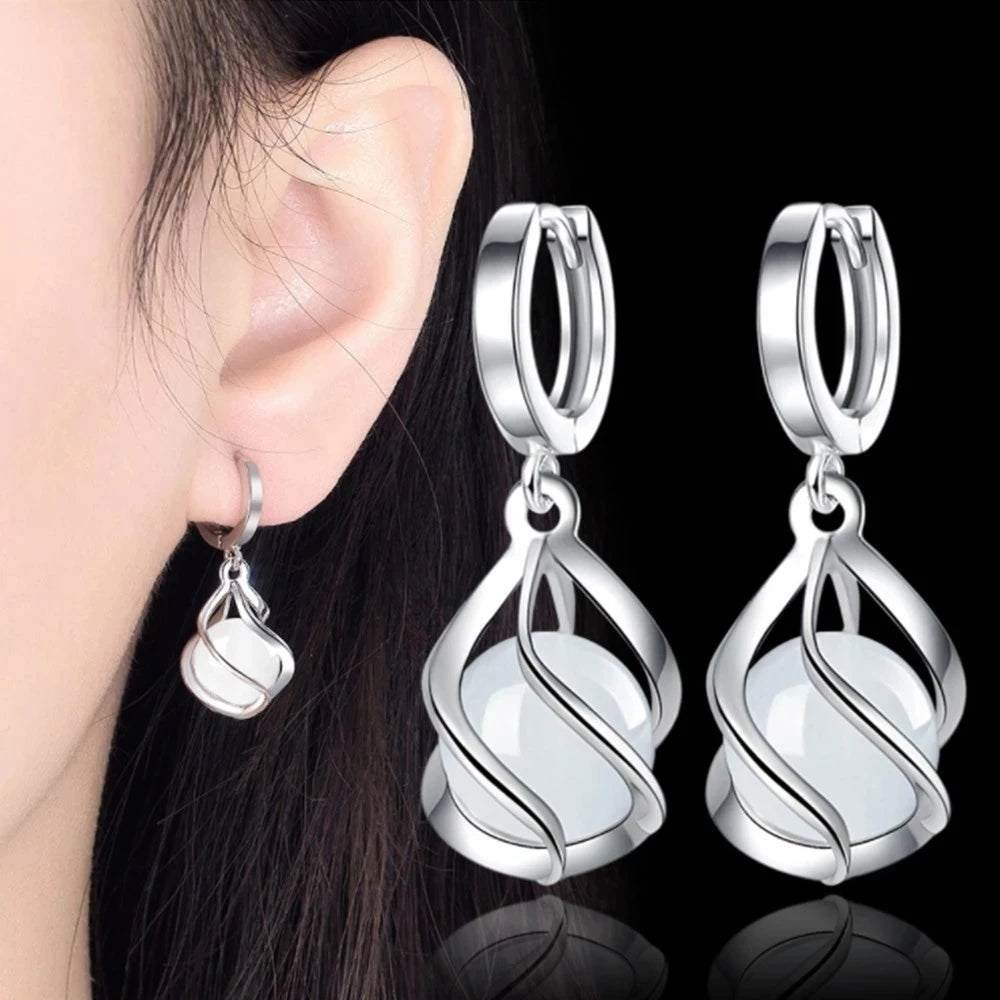 Women Bridal Jewelry Sets Vintage Pure 925 Silver Color Ethnic White Opal Stones Charming Pendant Necklace/Chain/Huggie Earrings Qme