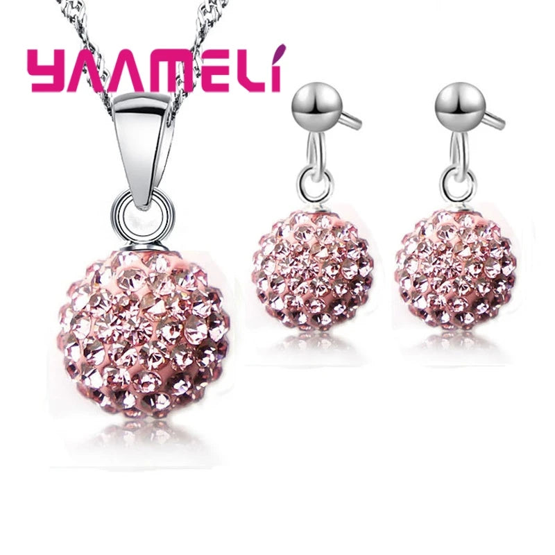 925 Sterling Silver Stamped Bridal Jewelry Sets Women Girls Wedding Gifts Austrian Crystal CZ Disco Ball Necklace Hoop Earrings Qme Pink 2