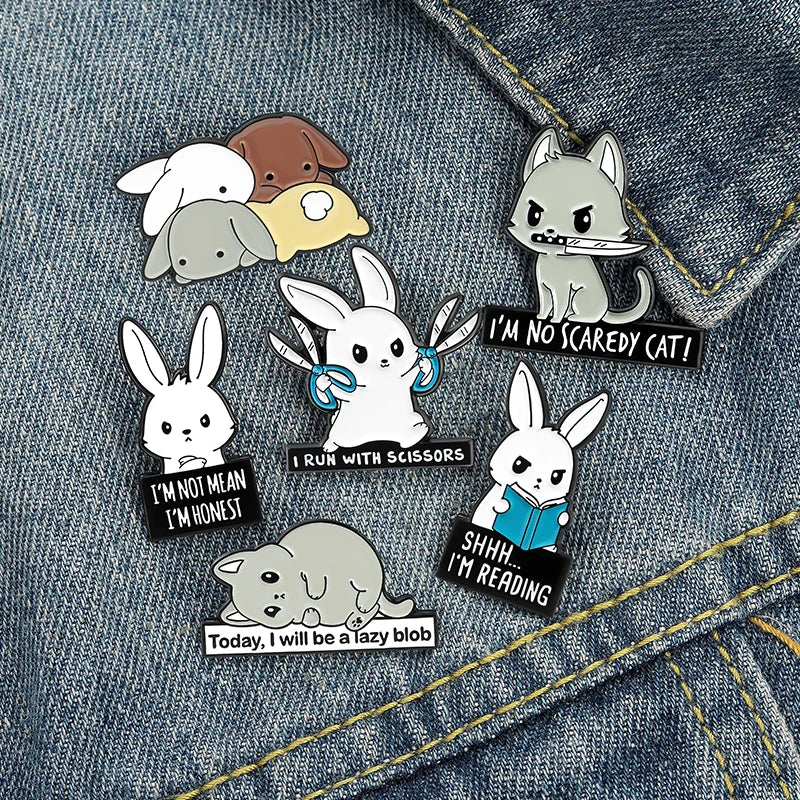 Cat Metal Brooches Kitty Dagger Scissors Book Badges Hat Bag Backpack Accessories Jewelry Bunny Rabbits Enamel Lapel Pins Qme