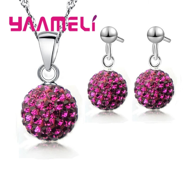 925 Sterling Silver Stamped Bridal Jewelry Sets Women Girls Wedding Gifts Austrian Crystal CZ Disco Ball Necklace Hoop Earrings Qme Fushia 2