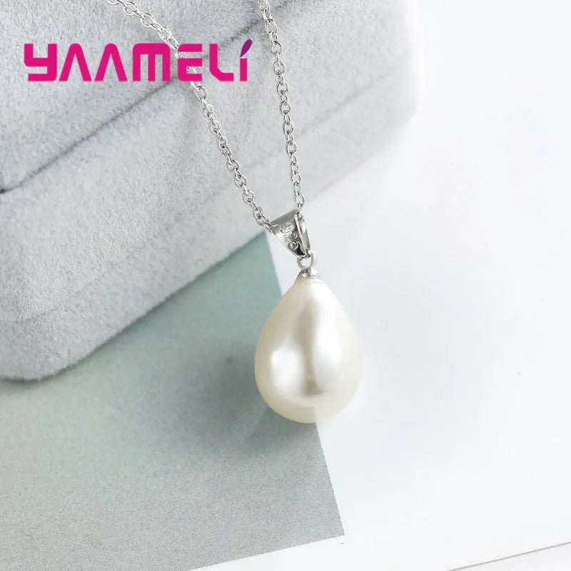 925 Sterling Silver Color Pearl Pendant Necklace Loop Hoop Earrings White Teardrop Women Girls Wedding Party Nice Gifts Qme
