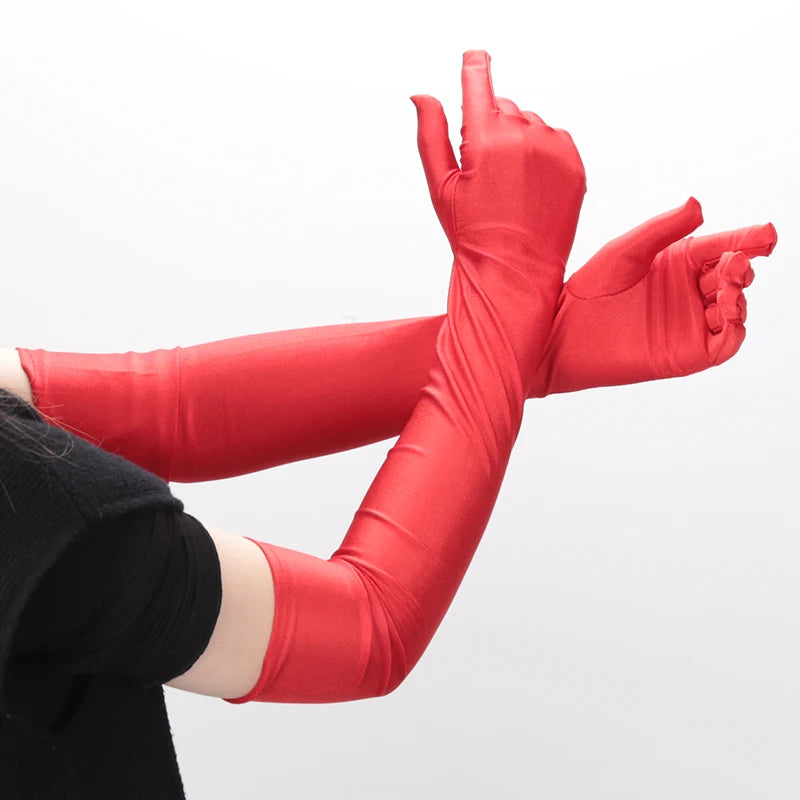 Classic Adult Black Opera Elbow Wrist Stretch Satin Finger Long Qme Red length-52cm