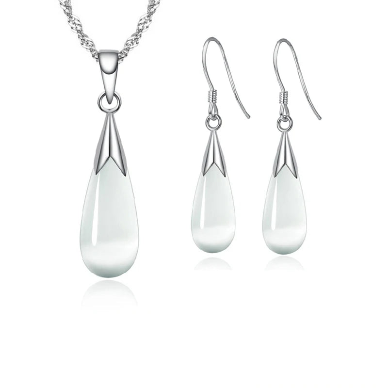 Pure Jewelry Set Simple 925 Sterling Silver Color White Pink Water Drop Opal Cat Eye Stone Pendant Necklace/Hook Earrings/Chain Qme White