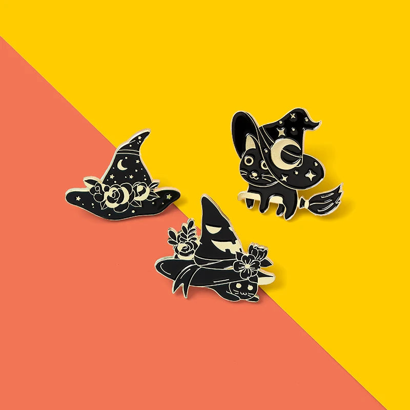 Witch Enamel Pins Collection Witch Hat and Cat Frog Pins Up Crescent Moon Black Gothic Lapel Pin Wiccan Brooches Witches Jewelry Qme SET2