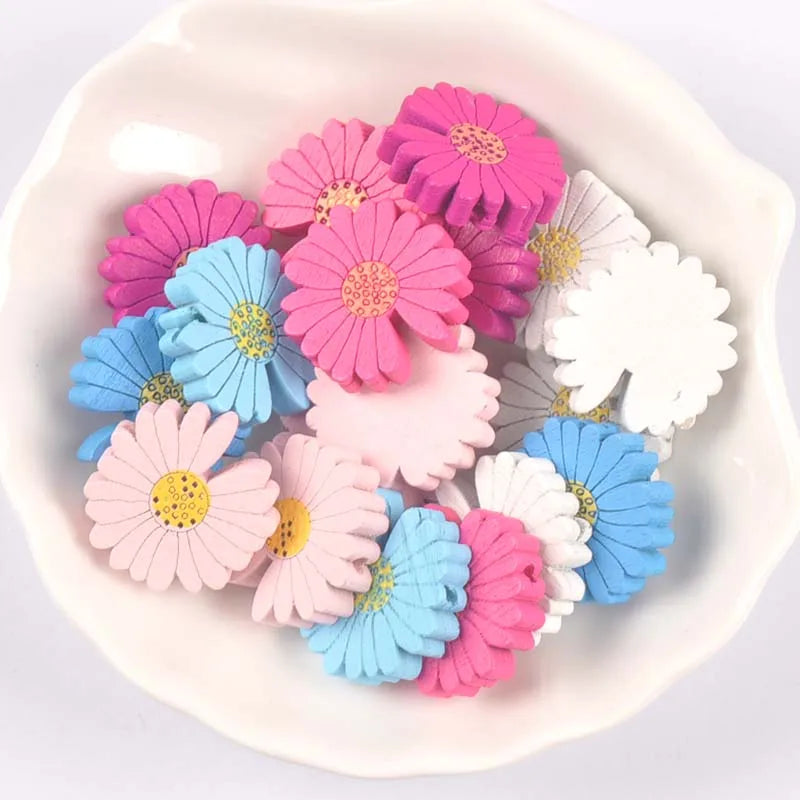 25pcs 21.5mm Multicolor Chrysanthemum Wood Craft Wooden Spacer Beads Pacifier Clip DIY Jewelry Making Bracelet Accessories m2238 Qme