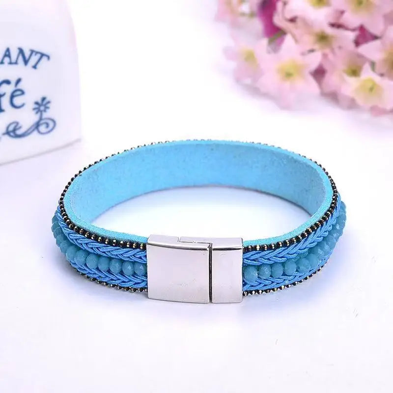 Ladies Natural Stone Leather Bracelet Fashion Bohemian Braided Rope Wide Multilayer Winding Bracelet Men's and Women's Jewelry Qme 7 20cm