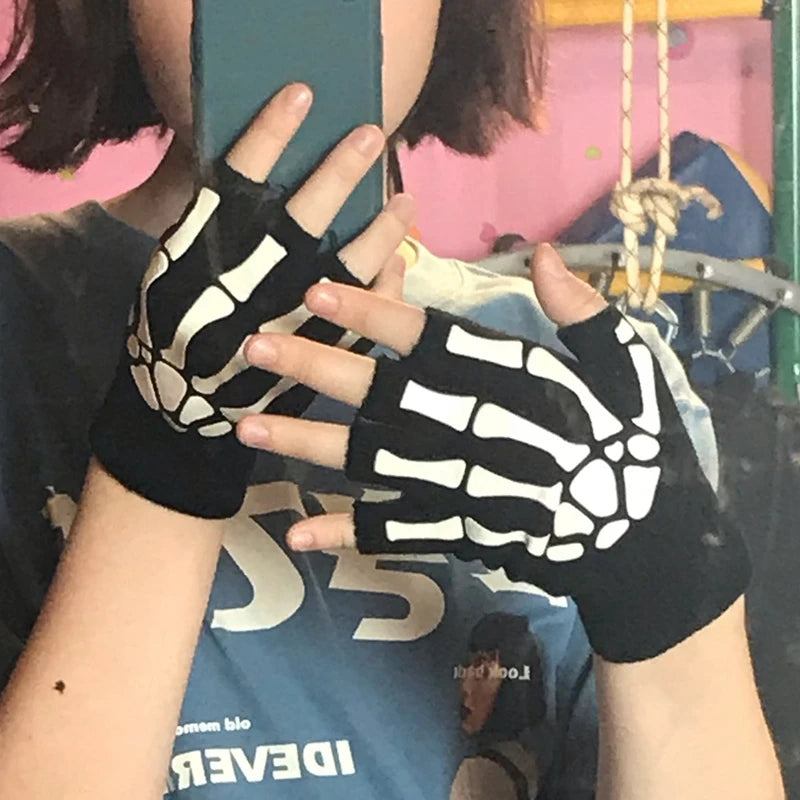Punk Gloves Unisex Halloween Skeleton Skull Half Finger Glow Dark Qme