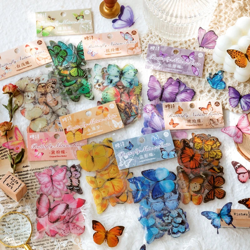 40Pcs/lot Butterfly Deco Stickers Scrapbooking Bullet Journaling Toy Retro Craft Deco Album DIY Stationery Stickers Waterproof Qme