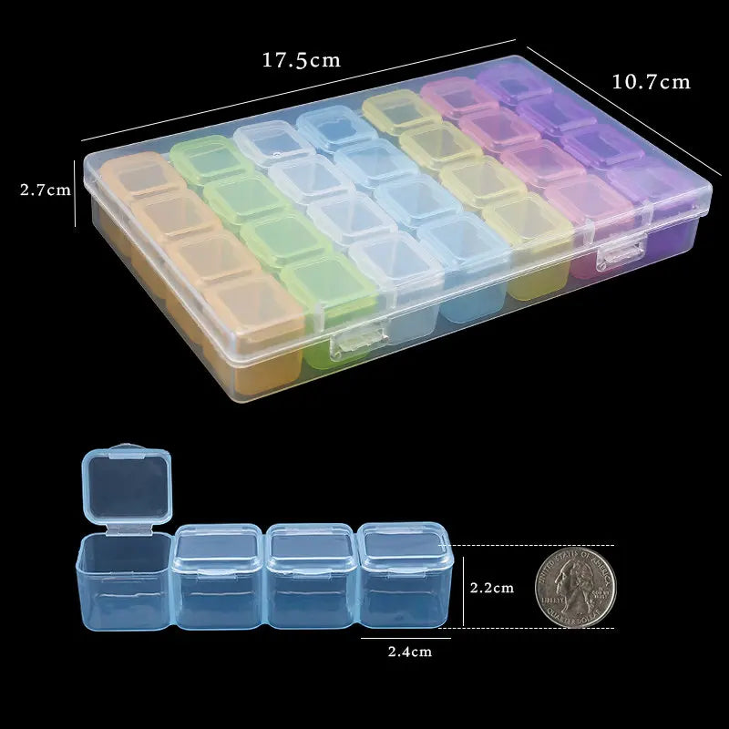 17.5x10.7x2.7CM Rectangle 28 Slots Jewelry Plastic Storage Box Rhinestone Beads Pill Earrings Storage Box Case Container Qme