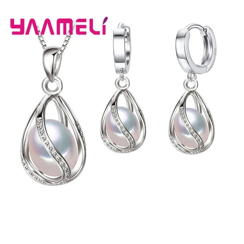 Elegant Gift Jewelry Sets for Women Female 925 Sterling Silver Color Rotating Freshwater Pearl Pendant Necklace Huggie Earrings Qme Pink Pearl