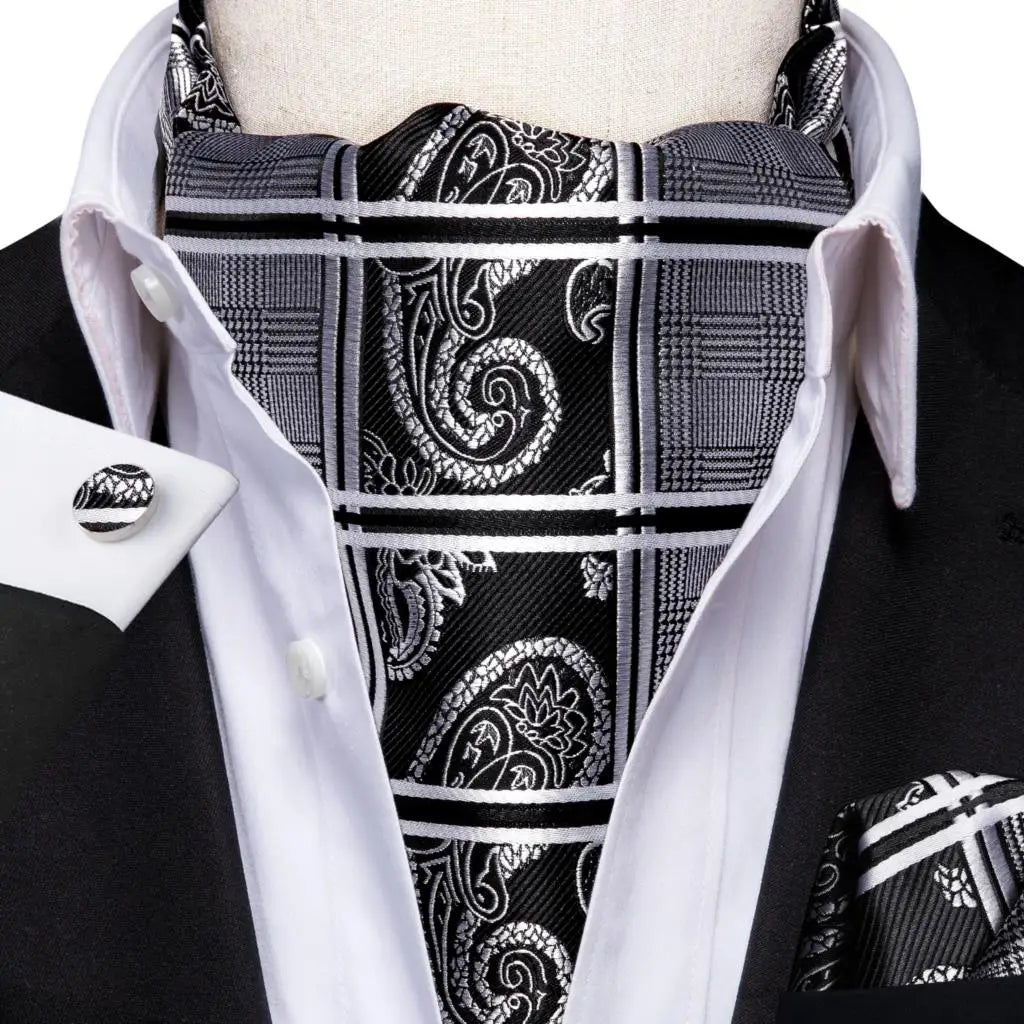 Hi-tie Silk Men's Ascot Pocket Square Cufflinks Jacquard Floral