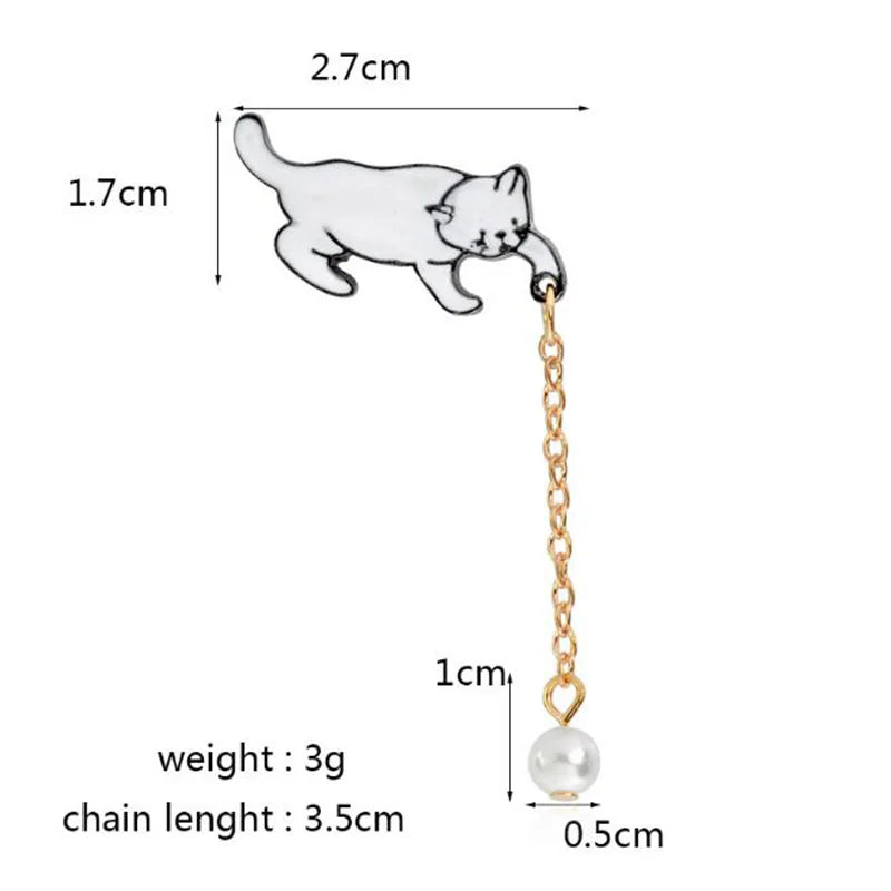 Cute Cartoon Cat Kitten Pearl Metal Brooch Pins with Chain DIY Button Pin Denim Jacket Pin Badge Jewelry Gift for Kids Wholesale Qme style 1