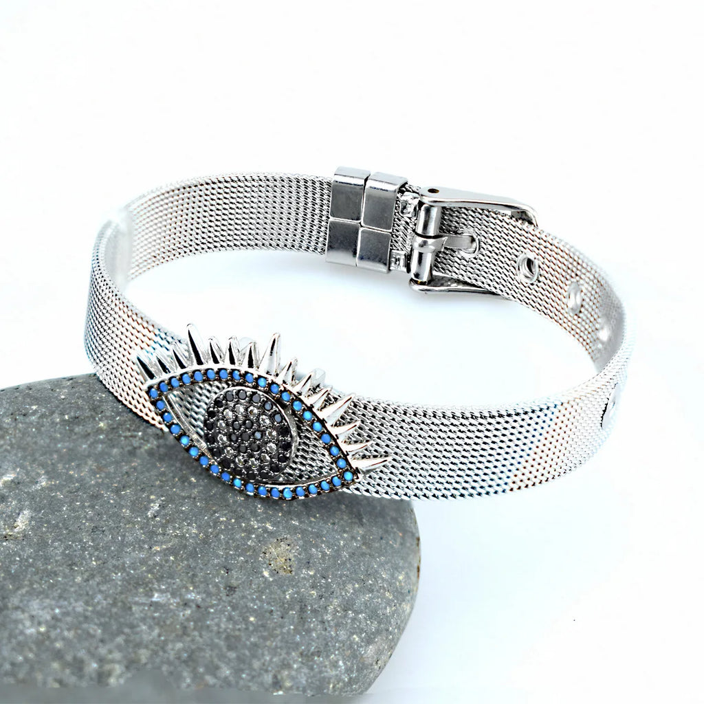 Simple fashion love palm evil eye stainless steel strap bracelet inlaid with colored diamonds zircon men and women jewelry gifts Qme