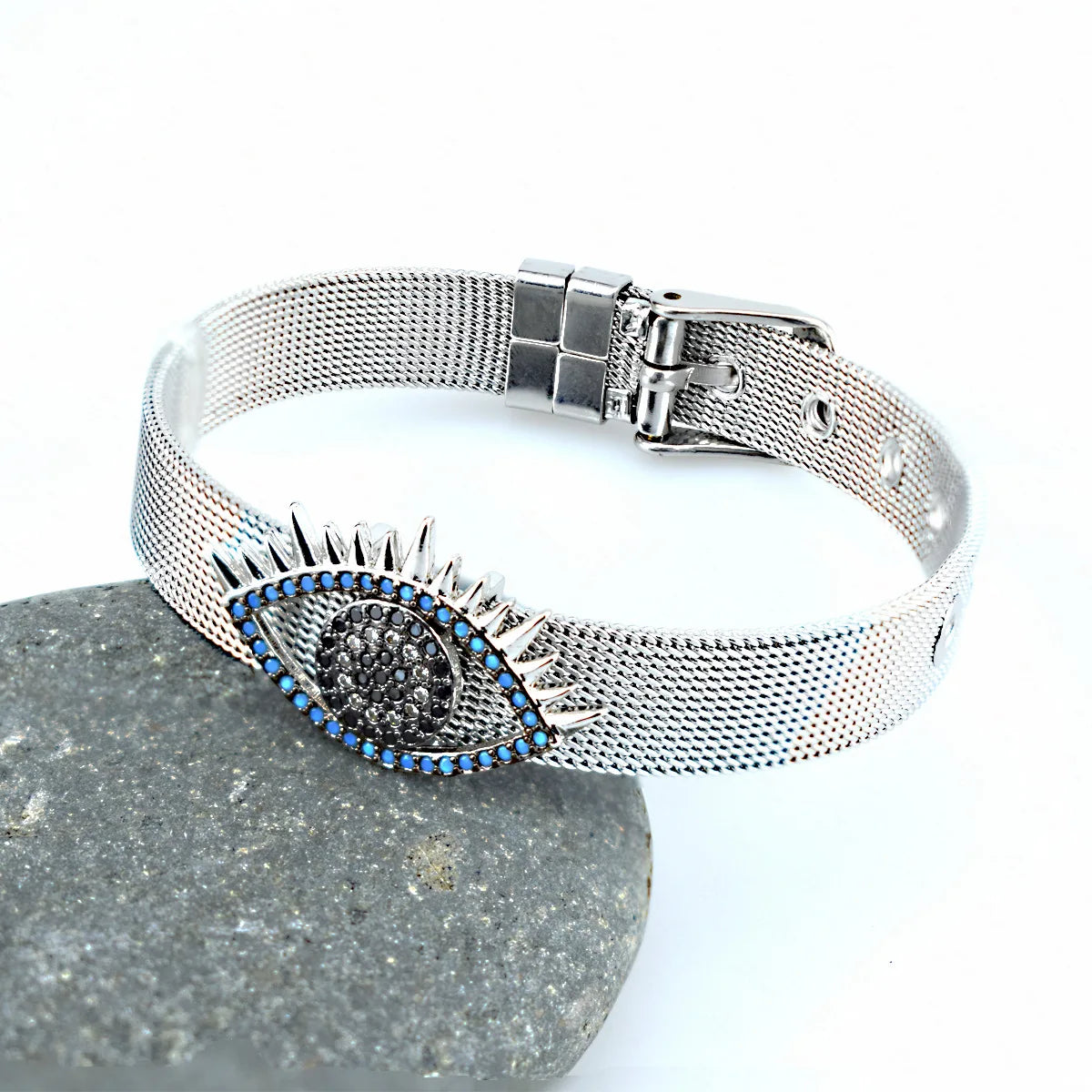 Simple fashion love palm evil eye stainless steel strap bracelet inlaid with colored diamonds zircon men and women jewelry gifts Qme