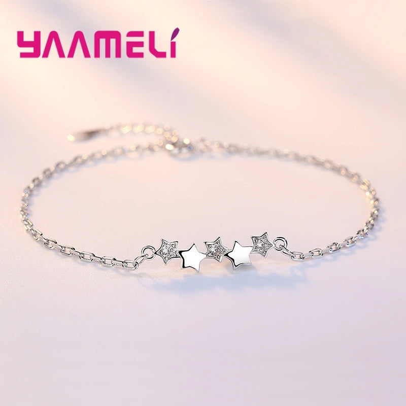 High Quality 925 Sterling Silver Color Bracelet Austrian Crystal Stars Charms Women Girls Bangles Jewelry Birthday Gifts Qme