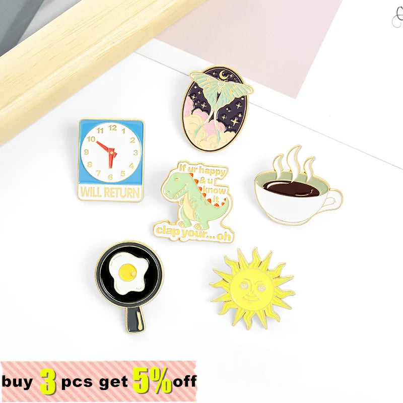 Cartoon Clock Coffee Sun Dinosaur Brooch Metal Alloy Fashion Jewelry Lapel Enamel Pins Badge Accessories Wholesale Drop Shipping Qme