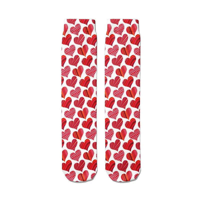 Women Nylon Long Socks 3D Print Cartoon Harajuku Heart Funny Tube Red Qme style8 One Size China Mainland
