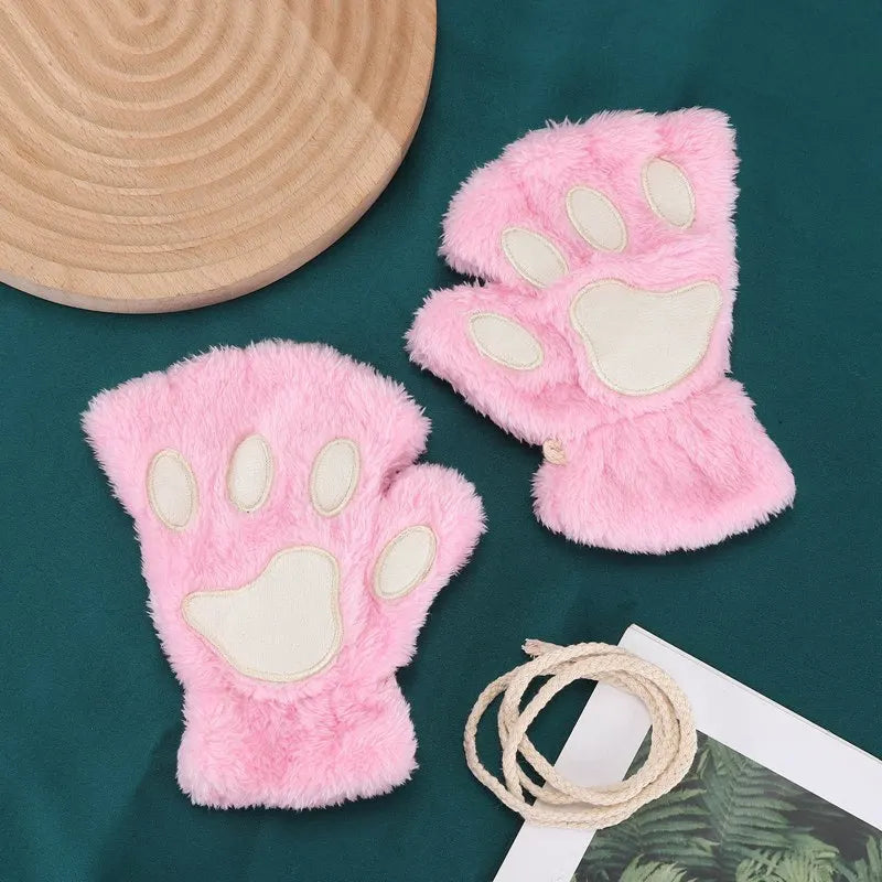 New Winter Gloves Women Bear Plush Cat Paw Claw Gloves Cute Kitten Fingerless Mittens Christmas Halloween for Girls Gift Gloves Qme pink One Size