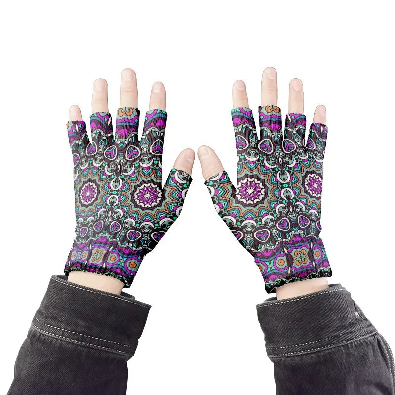 Stylish Simple Mandala Gloves Half Finger Sports Fingerless Knitted Qme