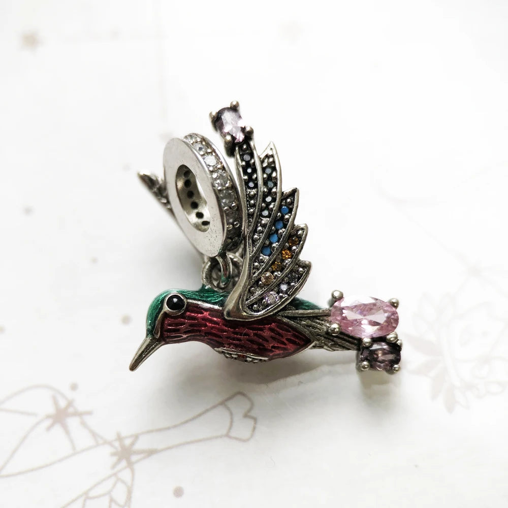 Colourful Hummingbird 925 Sterling Silver Dangle Charm Pendant Women Summer Fine Jewelry Qme