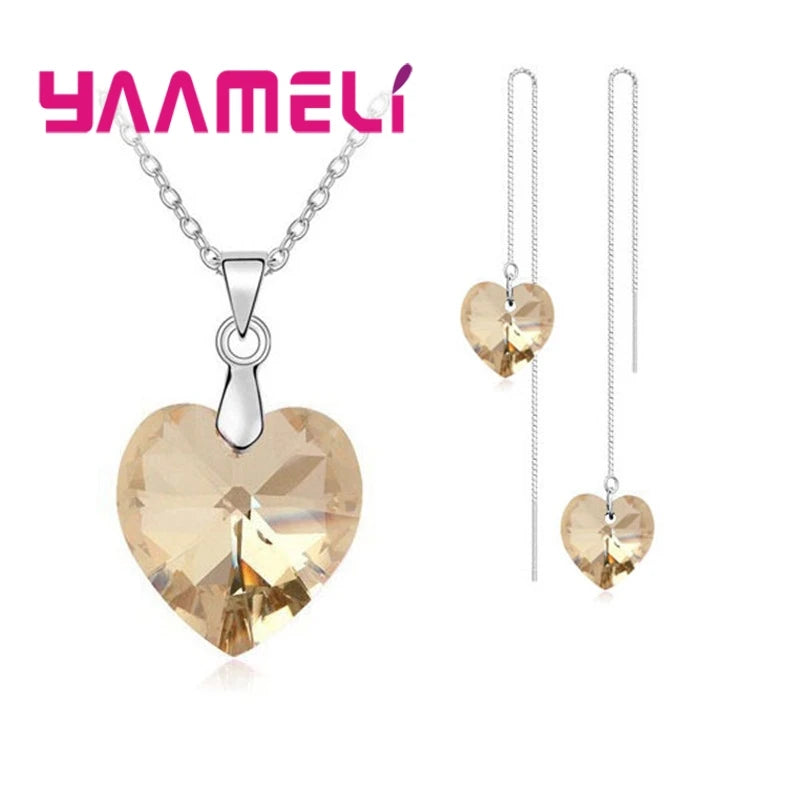 Love Heart Shape Women 925 Sterling Silver Color Bridal Jewelry Set For Wedding Fashion Crystal Pendants Necklaces Earring Set Qme Thread Champagne