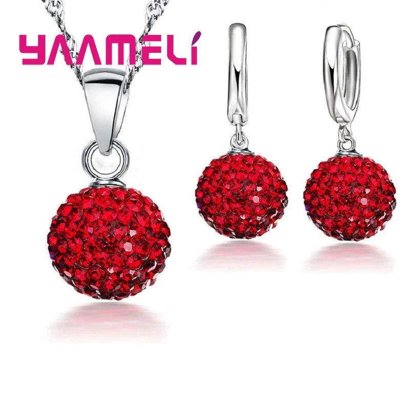 925 Sterling Silver Stamped Bridal Jewelry Sets Women Girls Wedding Gifts Austrian Crystal CZ Disco Ball Necklace Hoop Earrings Qme Red 1