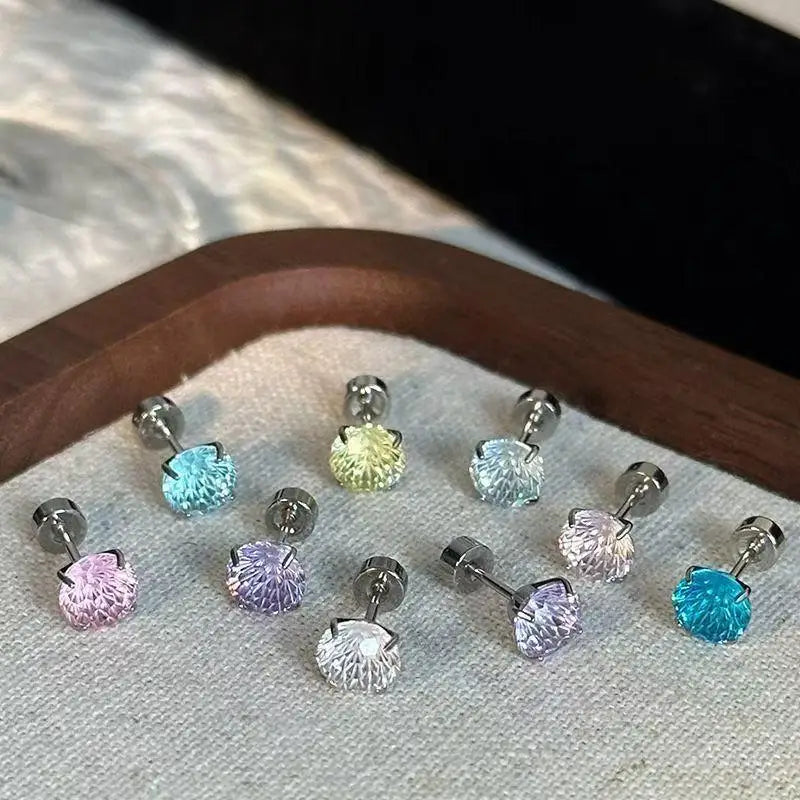 Multicolor Faceted Crystal Stud Earrings Stainless Steel Screw Back Hypoallergenic Piercing Earrings for Office Business Wear Qme