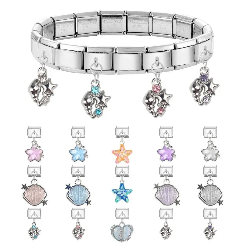 2025 Shiny Zircon Shells Starfish Conch Blue Italian Charm Links Fit 9mm Stainless Steel Bracelet Women Jewelry DIY Making Gifts Qme