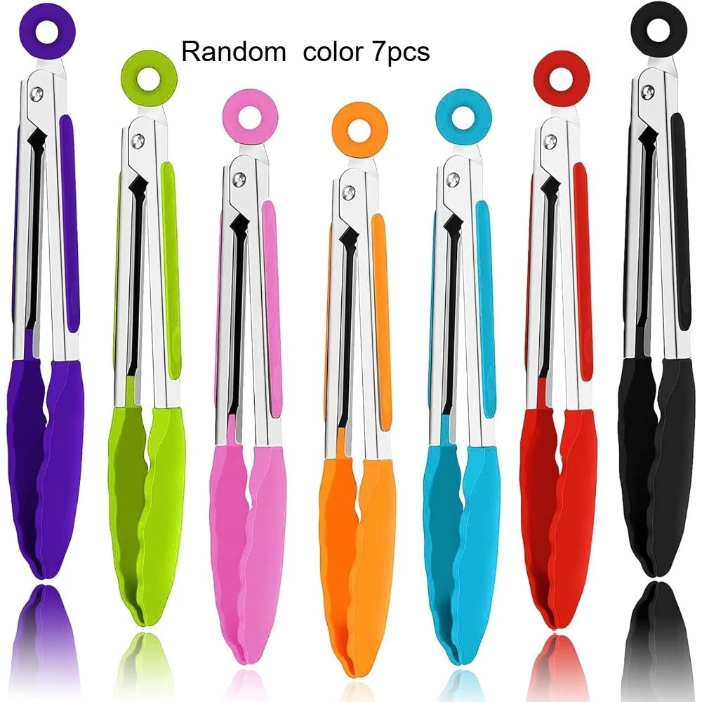 Kitchen Pliers With Stainless Steel Silicone Handle And Nylon Tip Cooking Clip, Heat-resistant And Non Stick Barbecue Clip Lock Qme Random color 7pcs