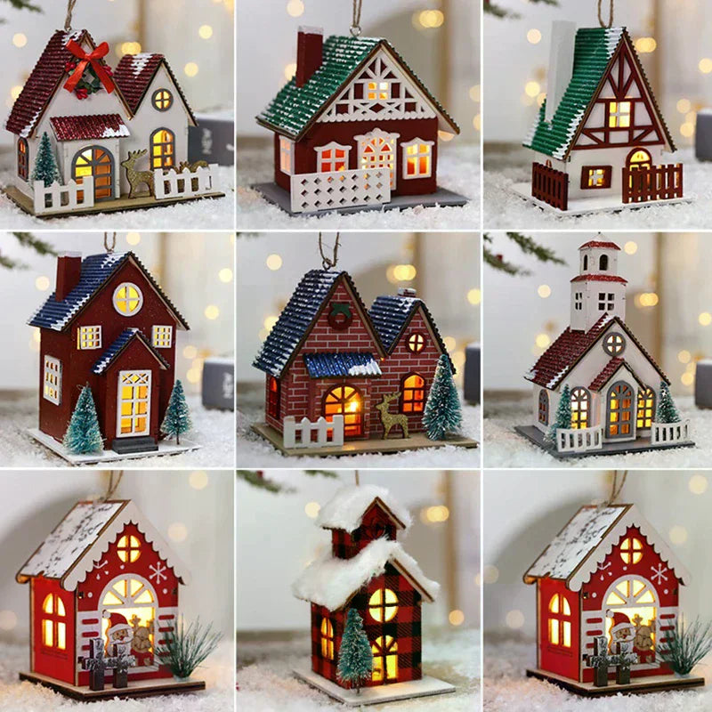 LED Wooden Christmas House Mini Xmas Snow Houses Wooden Winter Village Building Figurines Table Ornaments Holiday Party Decor Qme