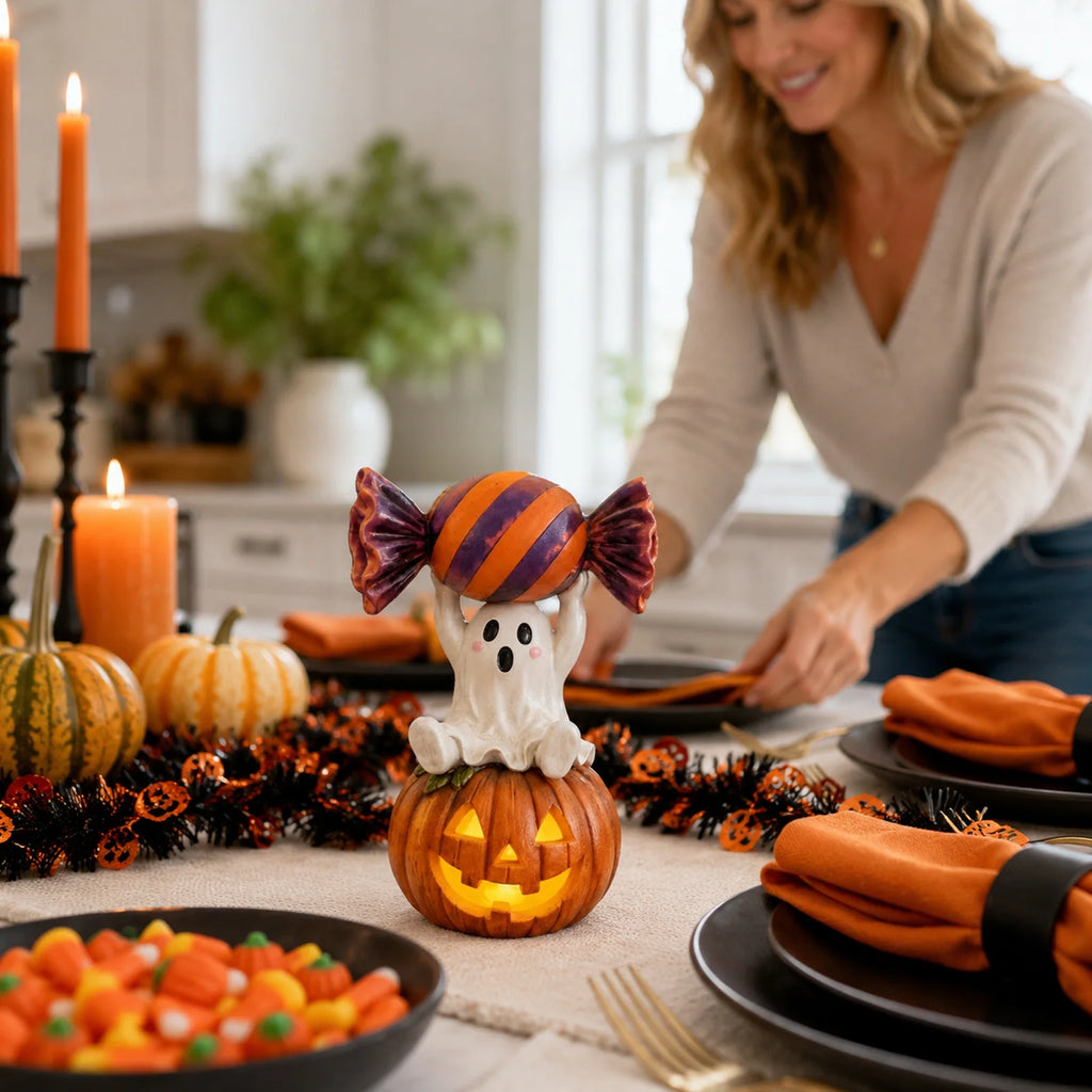 New Cute Candy Ghost Resin Statue Desktop Ornaments Crafts Siting Posture Home Decoration Accessories Halloween Party Gift Qme