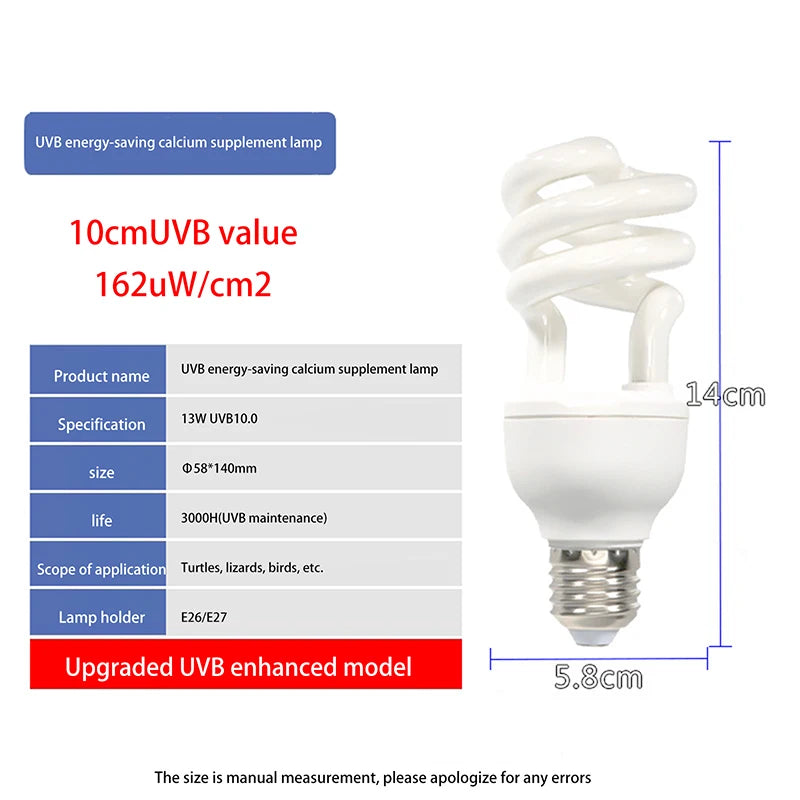1 Piece 13/26W UV Rays Energy Saving Terrarium Basking Light 5.0 10.0 UVB Reptile Lamp Turtle Lizard Snake Reptiles Heating Lamp Qme UVB 10 13W