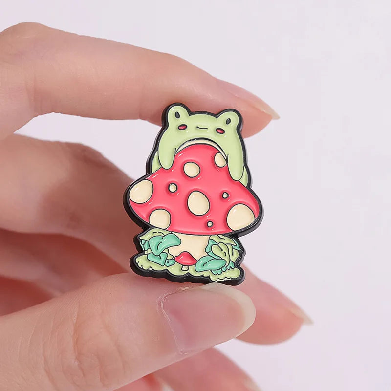 Cartoon Cute Frog Mushroom Series Brooch Enamel Pin Animal Plant Metal Badge Backpack Lapel Fashion Jewelry Gift Friend Kid Qme