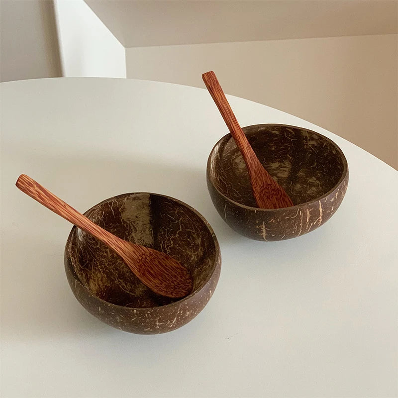 1Pc Natural Coconut Bowl Wooden Handmade Coconut Bowls for Eating Tableware Fork Spoon for Dessert Fruit Salad Mixing Rice. Qme