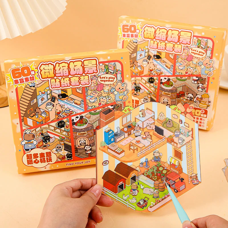 20pcs Cartoon Miniature Scene 3D Landscaping Sticker DIY Cabin Scene Stacking and Pasting Hand Account Scrapbooking Stickers Set Qme
