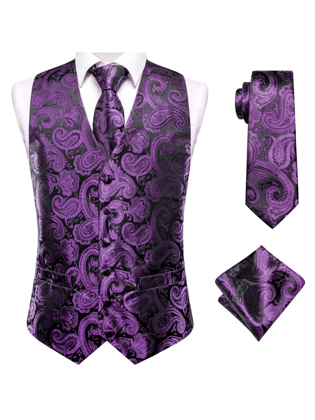 Purple Men Vest Three-Piece Suit Set, Dress Waistcoat with Tie and Pocket Square for Party Ceremony Qme MJ-3043 M
