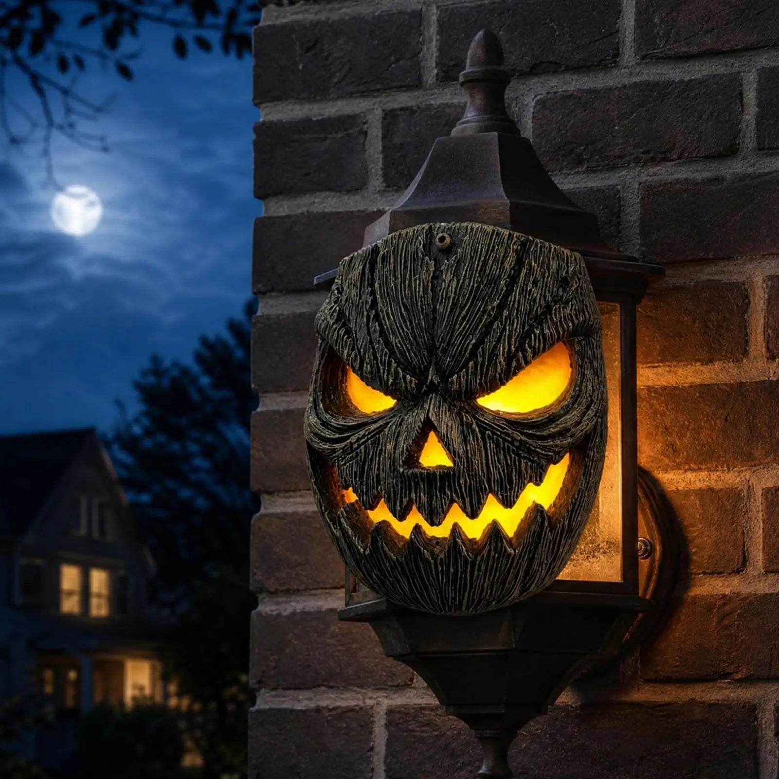 Tree Faces Decor Outdoor Resin Light Up Halloween Pumpkin Face Lantern Wall Mounted Tree Decorations For Garden Yard Backyard Qme