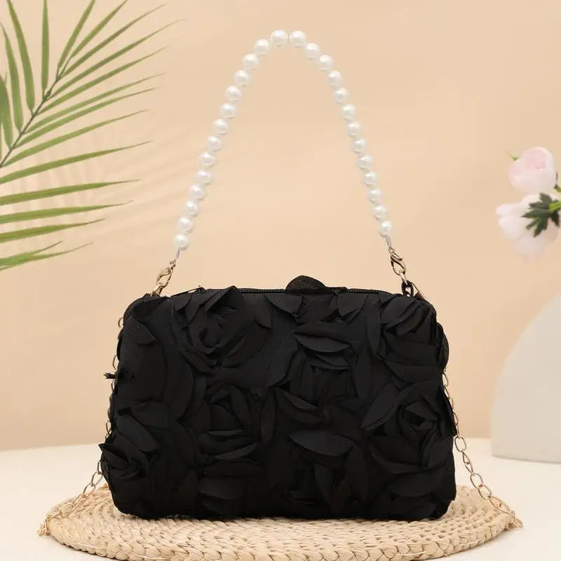Ladies 3D Rose Floral Shoulder Bag With Pearl Handle Detachable Chain Perfect For Wedding Party Evening Date Qme A2