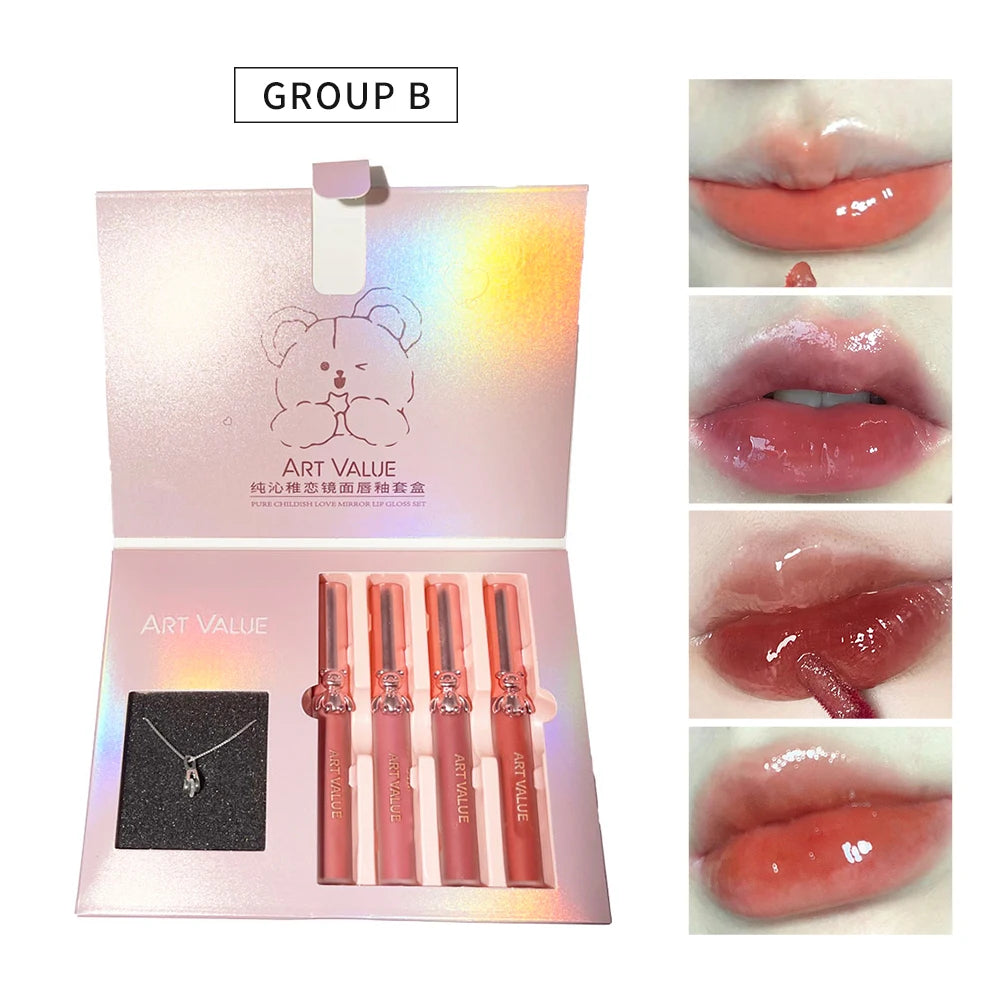 ART VALUE Matte Liquid Lipstick Sets Moisturizing Sexy Red Lipgloss Makeup Mirror Lip Glaze Cosmetics For Women With Necklace Qme B Sets