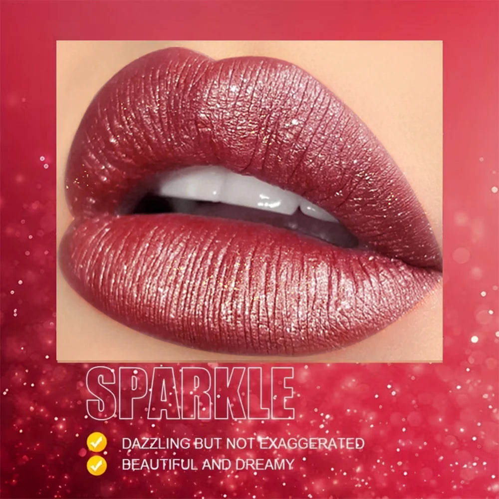 JUJU DREAM Coffee Red Rose Gold Shimmer Lipstick Metallic Glitter Qme