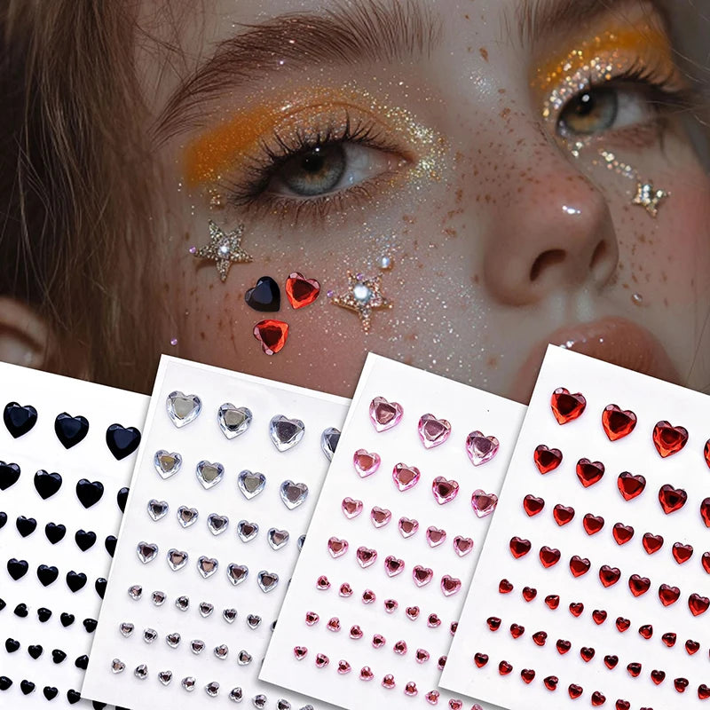 57Pcs/sheet Heart Rhinestone Face Jewels Stickers 3D Multicolor Self-Adhesive Gems For DIY Festival Party Eye & Face Makeup Deco Qme